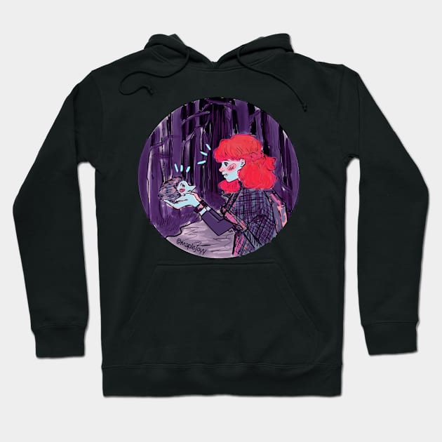 Red haired girl (Maple) with a cute hedgehog (Muffin) in the forest at night Hoodie by maplejoyy